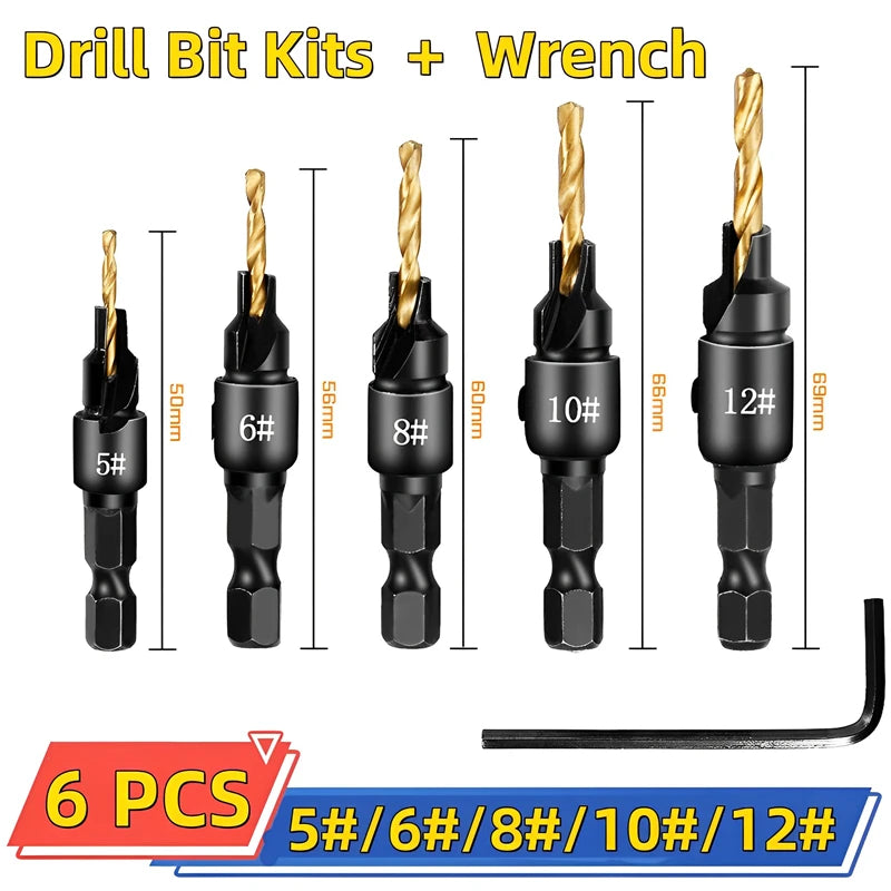 5pcs Countersink Drill Woodworking Drill Bit Set Drilling Pilot Holes for Screw Sizes #5 #6 #8 #10 #12 Cutter Screw Hole Drill