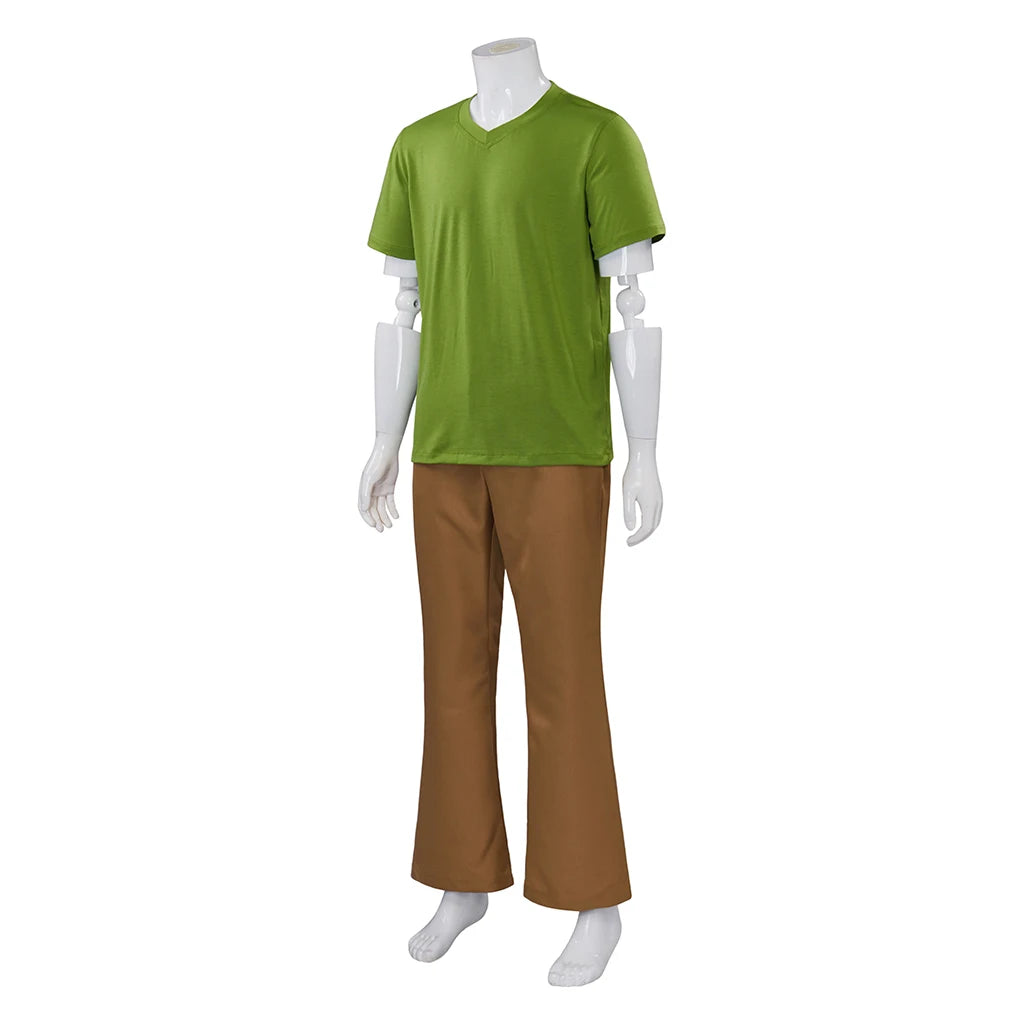 Adult Men Shaggy Cosplay Costume Green V-Neck Short-Sleeve Shirt and Brown Pants Suit Halloween Outfit