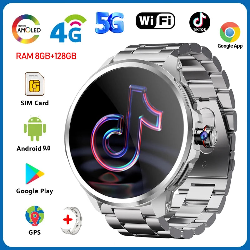 5G/4G Full Network Smart Watch Men 1.95 inch AMOLED Screen 8GB+128GB RAM 900W Camera GPS WIFI Google APPS Android 9.0 Smartwatch