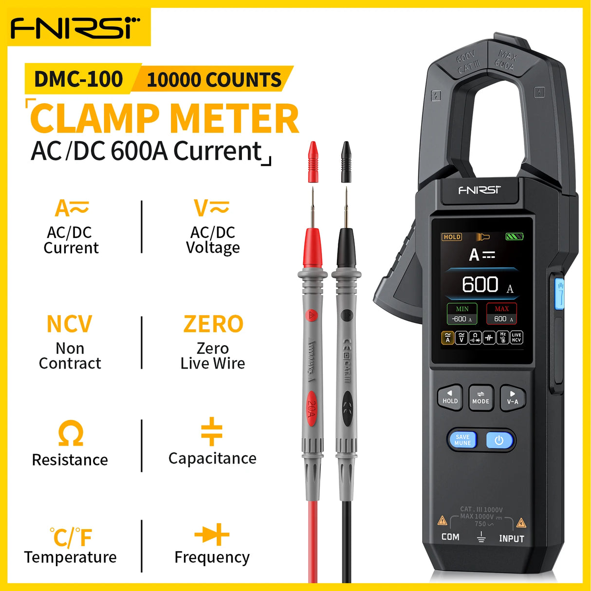 FNIRSI DMC-100 Clamp Meter 10000 Counts TRMS AC/DC Current Amperemeter Clamp 600A Digital Multimeter USB Charge Electrician Tool