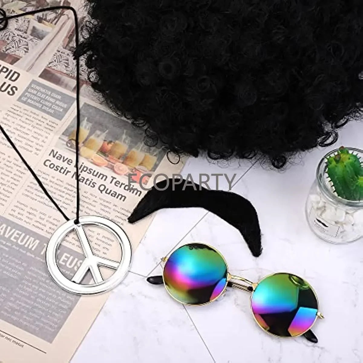 Hippie Costume Accessories 70s Dress Costume Set Includes Funky Afro Wig Glasses Peace Necklace Moustache 60s 70s Hippie Costume