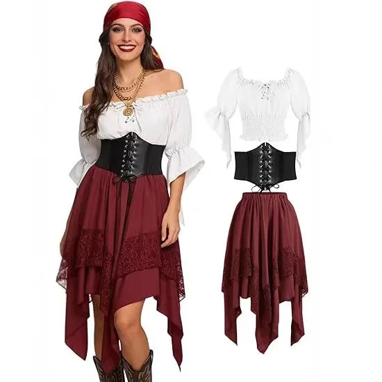 3PCS Women Pirate Skirt Renaissance Spelled Dress Pointed Asymmetrical Fairy Pirate Costume Medieval Farmer Top Halloween Set
