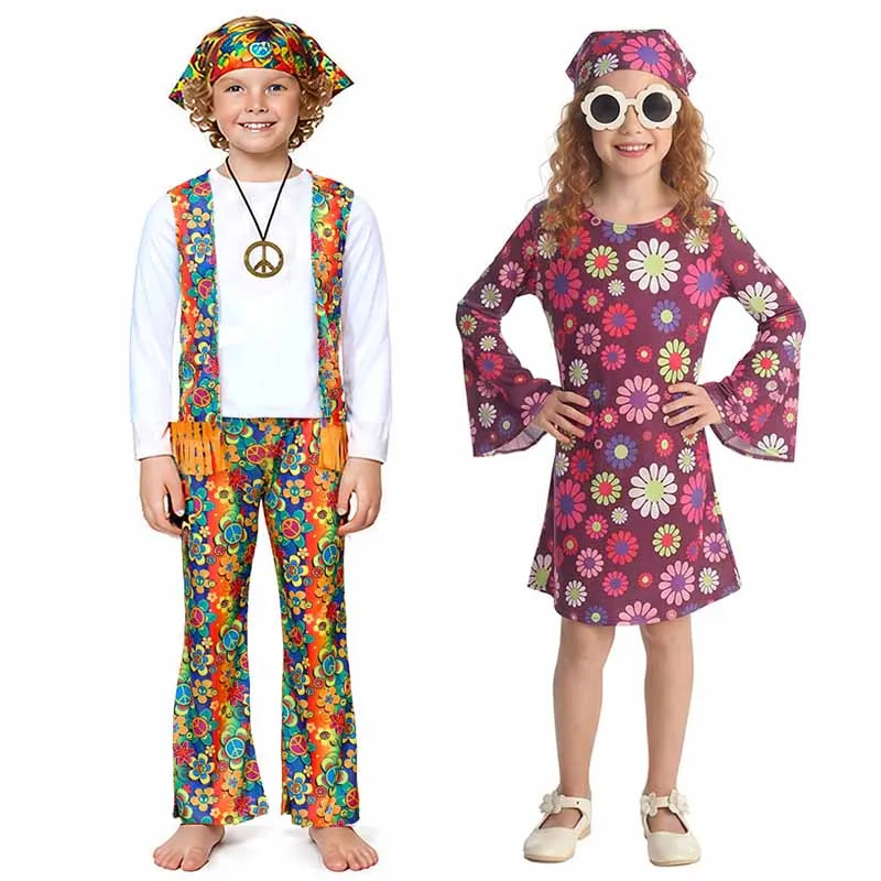 Bohemian Hippie Outfit for Kids 60s 70s Disco Floral Print Dressing Costume Halloween Costume for Role Play and Parties