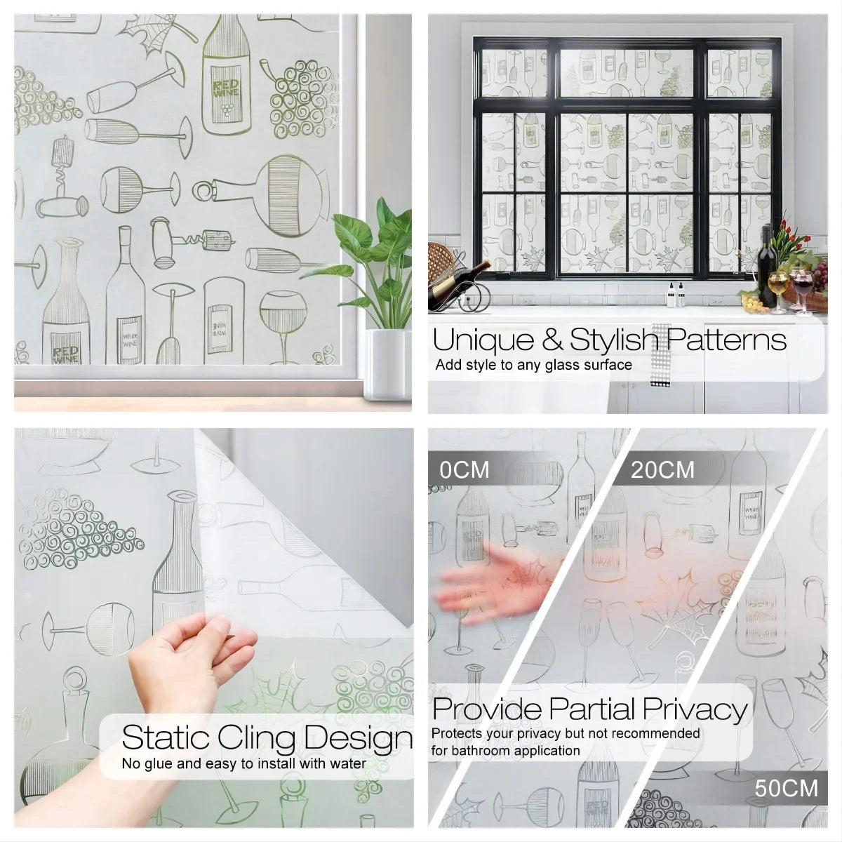 Window Privacy Film Frosted Glass Window Film Static Cling UV Blocking Removable Window Clings Opaque Window Stickers for Home