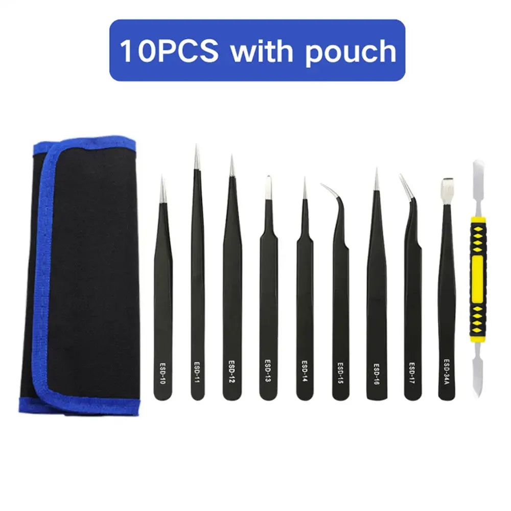 10PCS Stainless Steel Precision Antistatic Electrostatic Tweezers Set Maintenance Tools Professional Electronic Tweezers