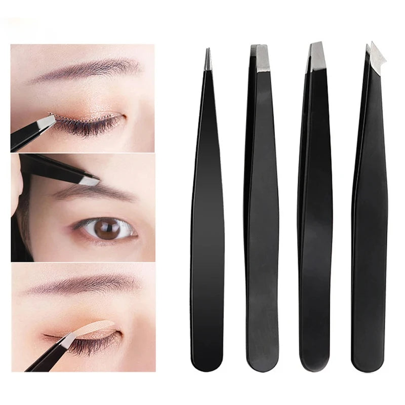 Hair Removal Tweezers Stainless Steel Eyebrow Tweezers Pink Slanted Black Tip Point Face Harmless Makeup Beauty Tool Black
