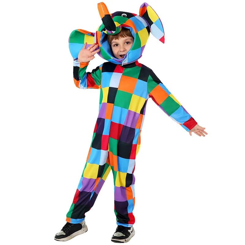 Colorful Girls Boys Elmer Elephant Costume Kids World Book Day Fancy Dress Up Halloween Patchwork Elephant Costume for Child
