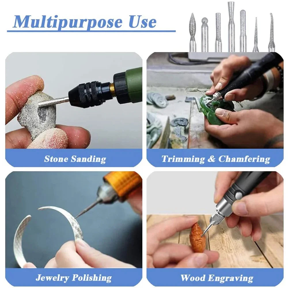 STONEGO Diamond Grinding Burr Needle Point Engraving Carving Polishing For Glass Jade Stone Drill Bit Rotary Tool