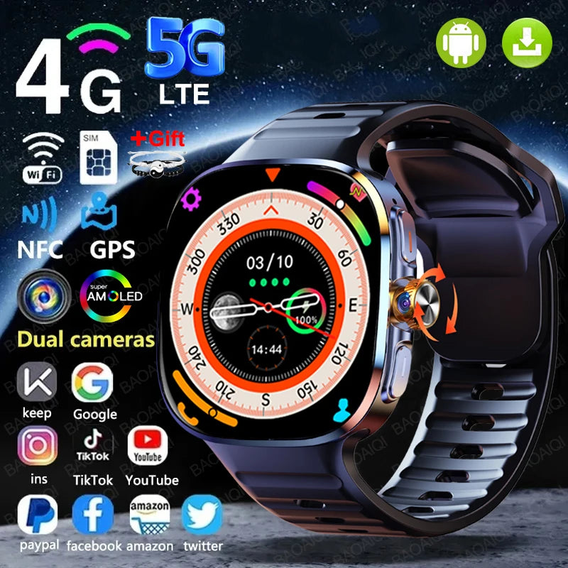 New Large Screen Smartwatch 4G/5G Android 10.0 AMOLED 2.4 inch 900W Pull-out Swivel Camera WIFI GPS Smart watch 16GB+256GB RAM