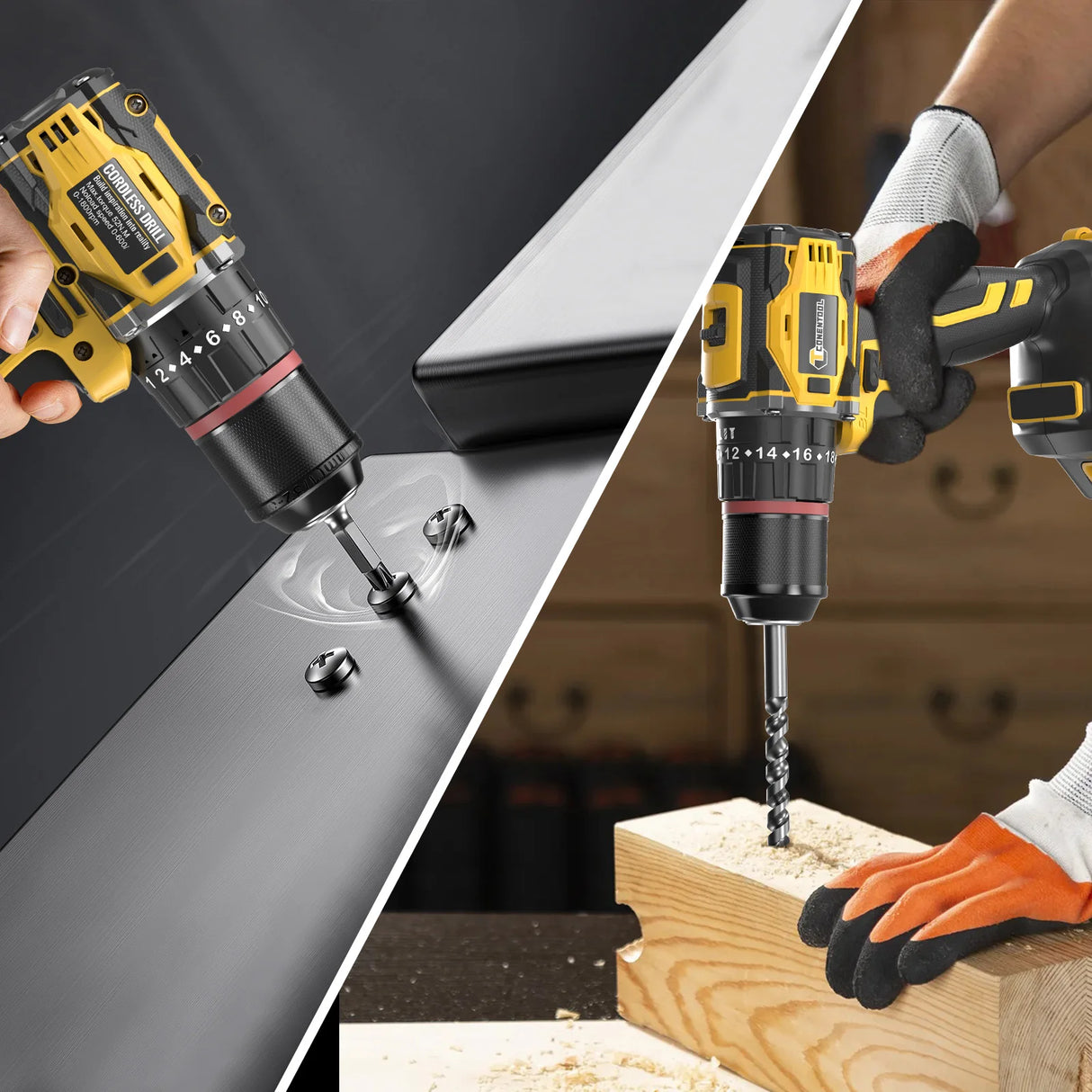 CONENTOOL 21V Brushless Heavy-Duty Impact Drill, 52N.m, 3/8" Keyless Metal Chuck, 28+3 Clutch, Cordless Drill with 2.0Ah Battery