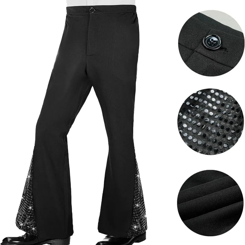 60s 70s Hippie Halloween Costume Sequins Pants Shirt Tops Bell Bottom Men's Flared Trouser Adult Disco Singer Dance Shiny Outfit
