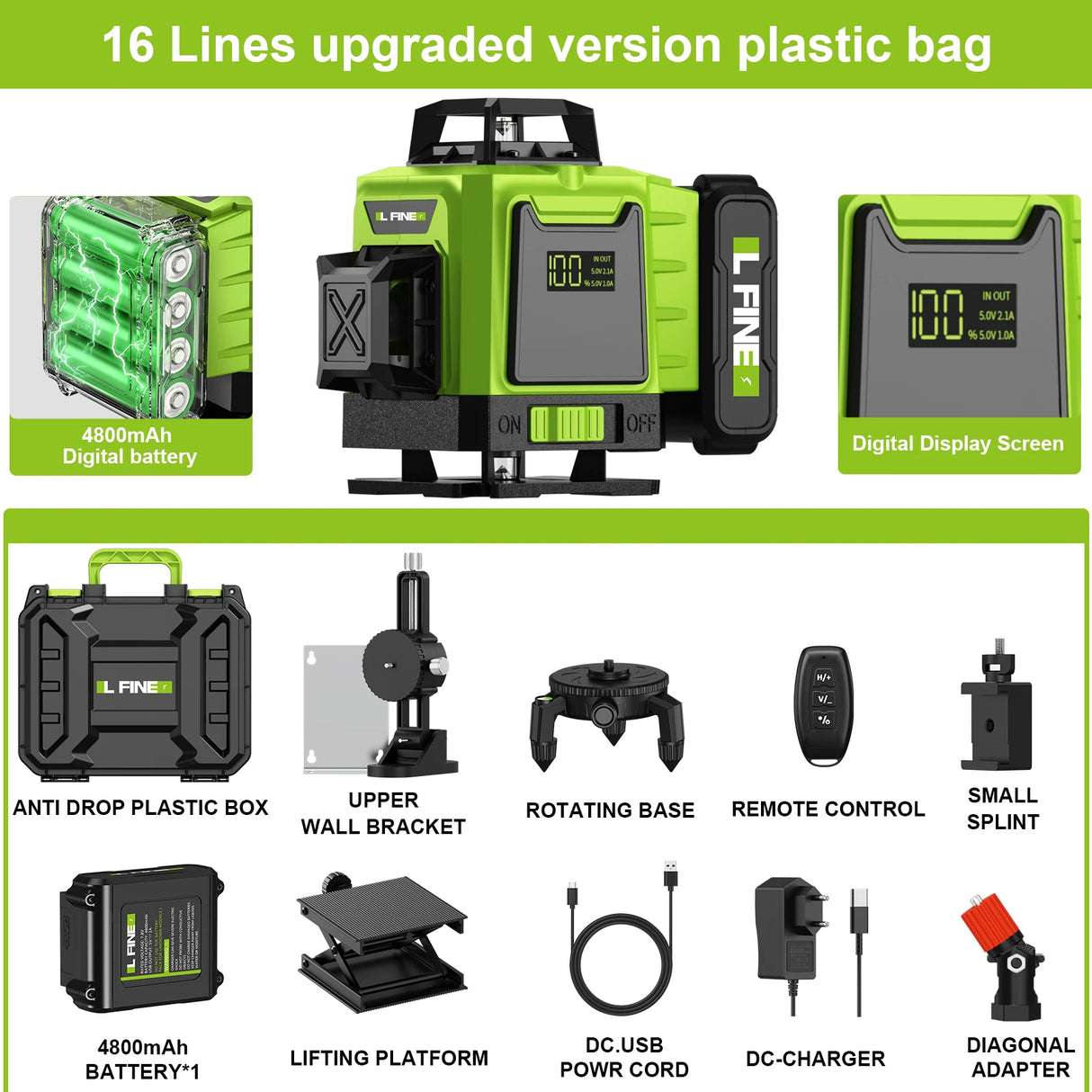 Lfine 4D 16 Lines 360°Self-leveling Laser Levels with Tripod and Suitcase Horizontal And Vertical Professional Laser Level Tool