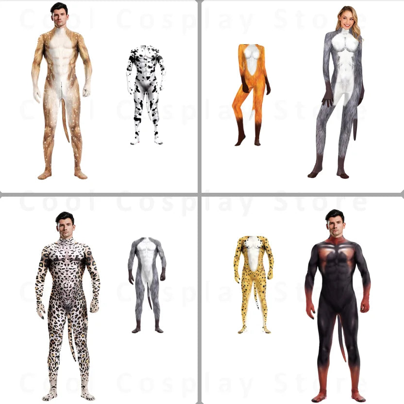 Halloween Costume Adult Mens Wild Animal Cosplay Costume Full Cover 3D Print Beast Petsuit Jumpsuit Bodysuit Tail