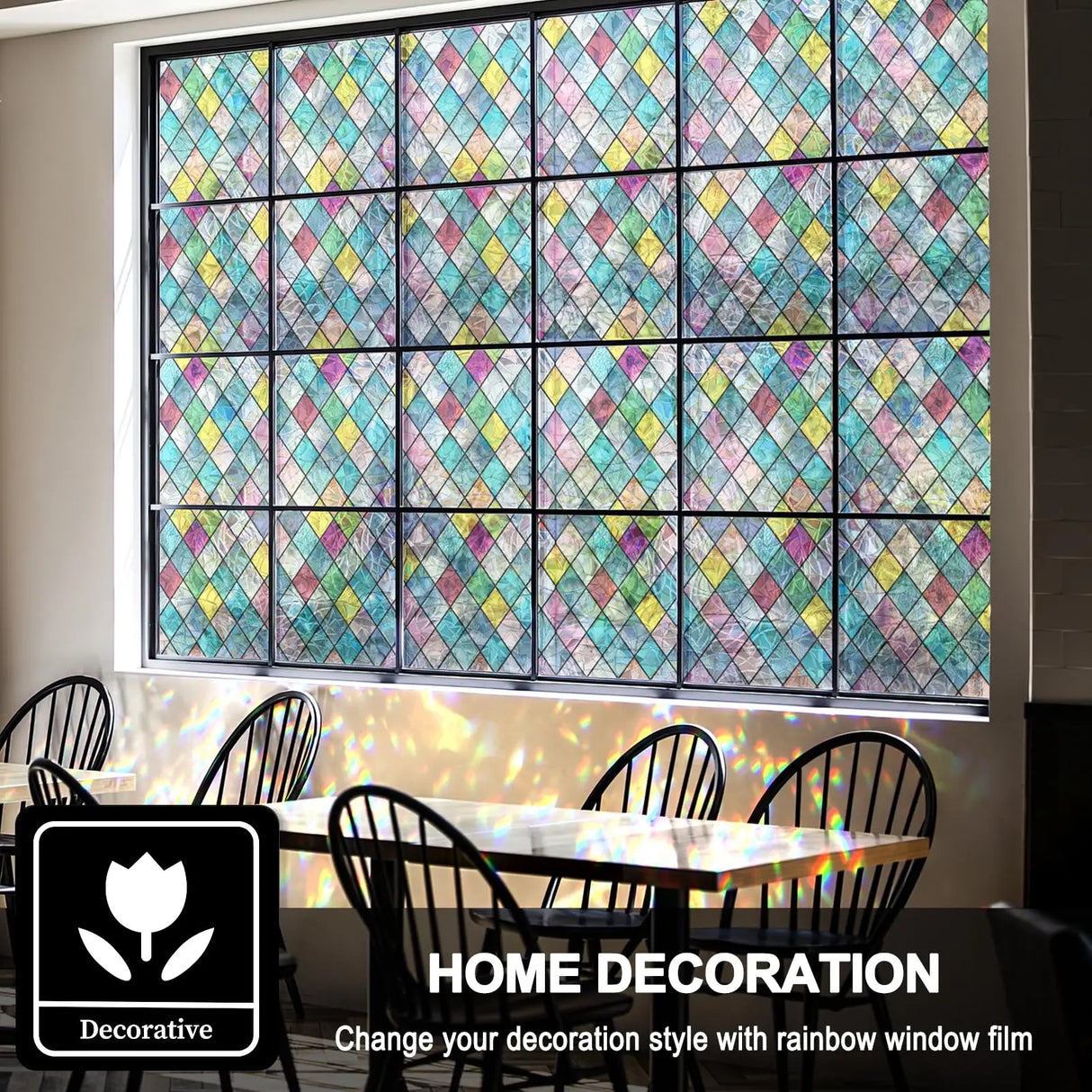 Stained Glass Window Film, Window Privacy Films, Colorful Lattice Window Tint, Rainbow Glass Decals Stickers for Home Anti UV