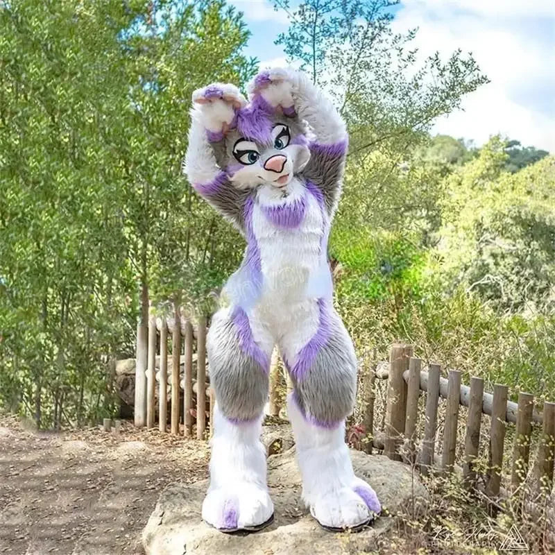 2025 Long Fur Furry Costume Husky Dog purple Fox Mascot Costume Fursuit Wolf Cosplay Party Fursuit Halloween Suit Adult Size