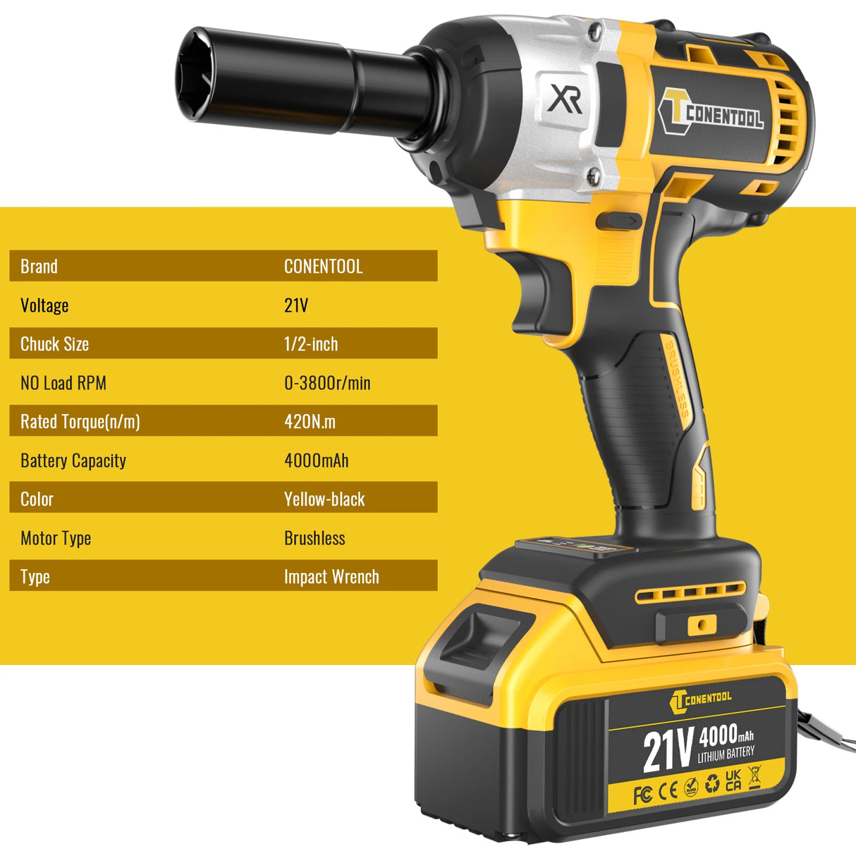 CONENTOOL Cordless 420Nm Impact Wrench + 55Nm Electric Screwdriver Brushless Electric Impact Gun 2*4000mAh Batteries and Charger