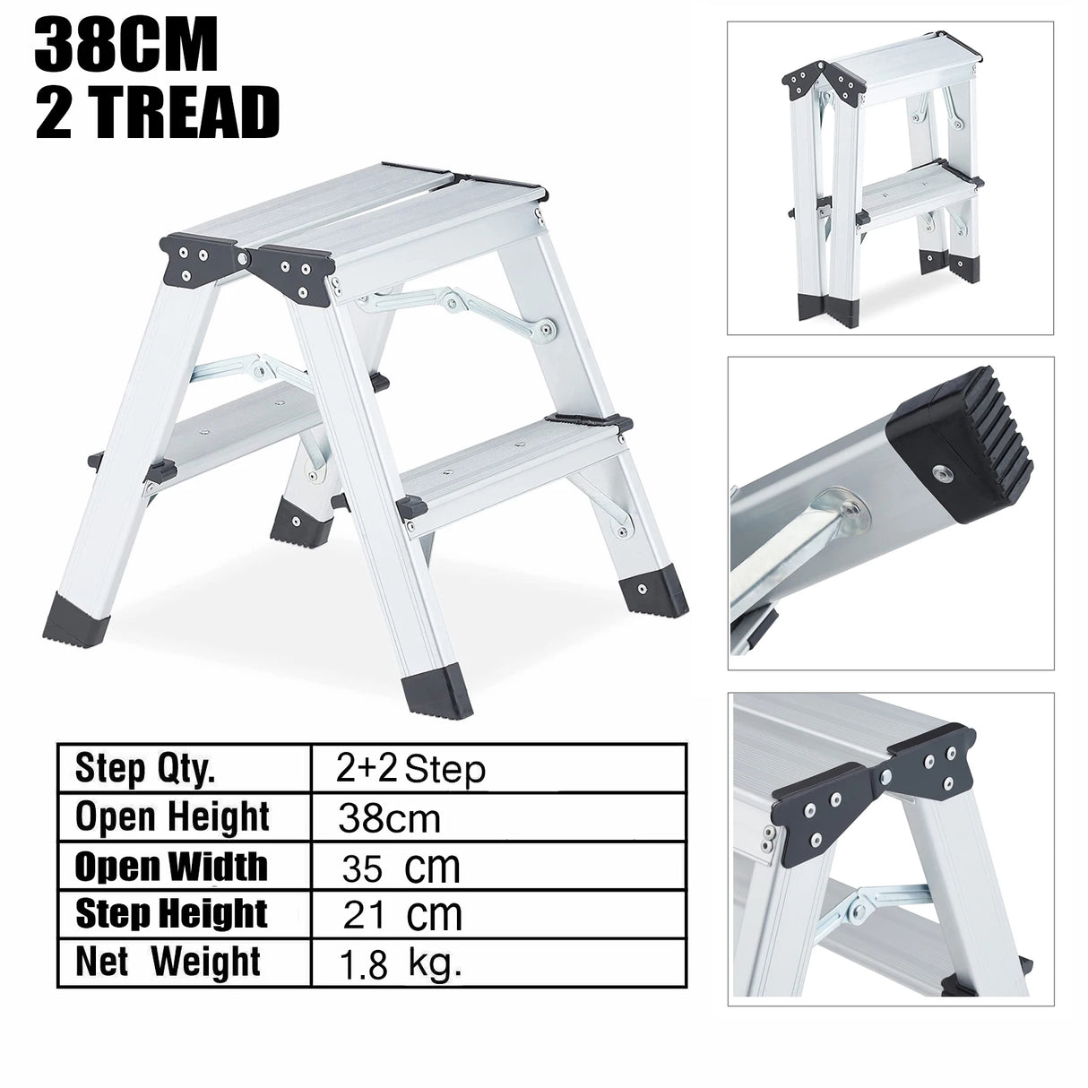 2 Step Folding Ladder Stool Double-Side Aluminium Ladder Non Slip Tread Safety Stool House Work Platform Stepladder