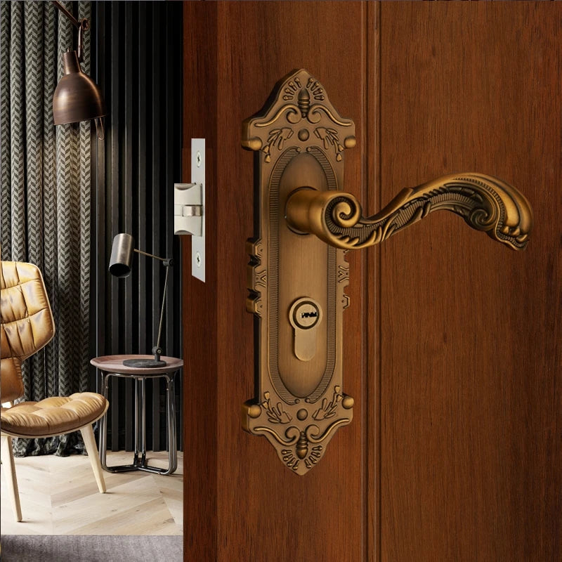 European style antique bronze retro single tongue lock with double doors, indoor bedroom, silent room, hole distance F155