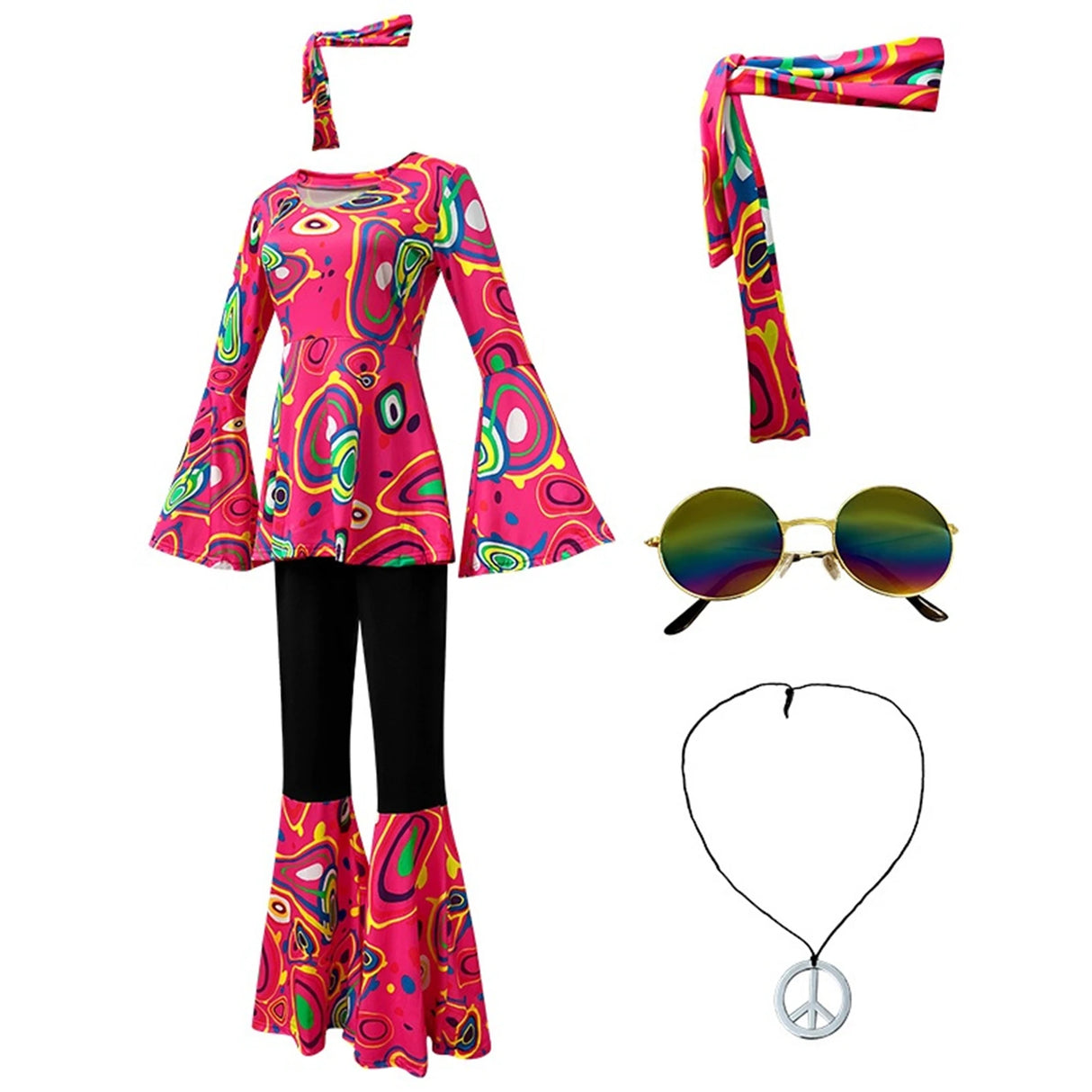 Women 60s 70s Outfits Hippie Costume Set Disco Outfit Dress Boho Flared Pants Hippie Shirt Headband