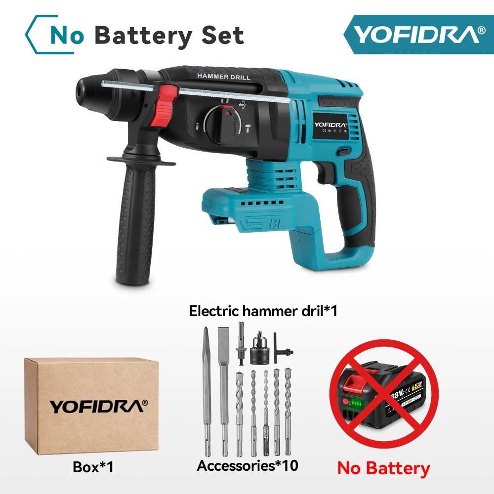 YOFIDRA Brushless Electric Hammer Impact Drill 26MM Cordless Woodworking Impact Drill Power Tools Set For Makita 18V Battery Pin