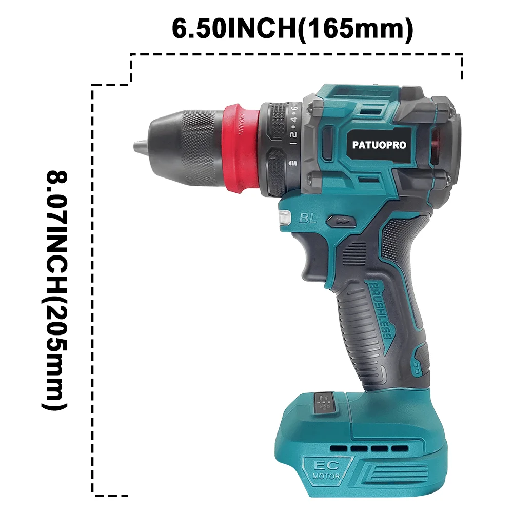 PATUOPRO 2 In 1 Cordless Electric Drill 10MM Chuck Brushless Screwdriver Rechargeable Driver Power Tool For Makita 18V Battery