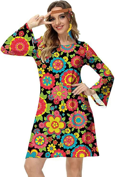 Hippie Costumes with Scarf for Women Male Carnival Halloween Vintage 70s 80s Rock Disco Cosplay Outfits Party Fantasia Dress Up