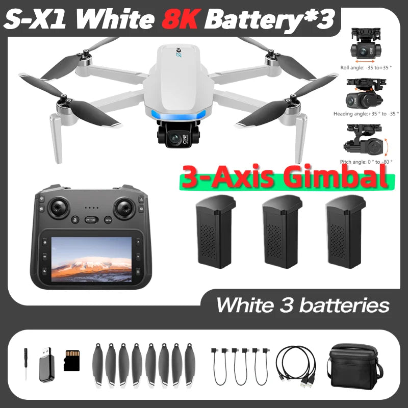 S-X1 MAX GPS Drone with 3-Axis Gimbal 5000m FPV 8K/4K HD Camera with LCD RC Screen 3 Batteries Professional RC Quadcopter Gifts