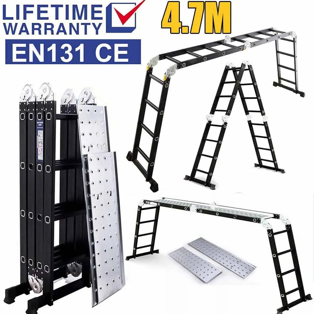 Heavy Duty 4.7M Folding Ladder Aluminium Multi-Purpose 14 IN 1 Combination Ladders 4x4 Step Black with 2 Working Platform