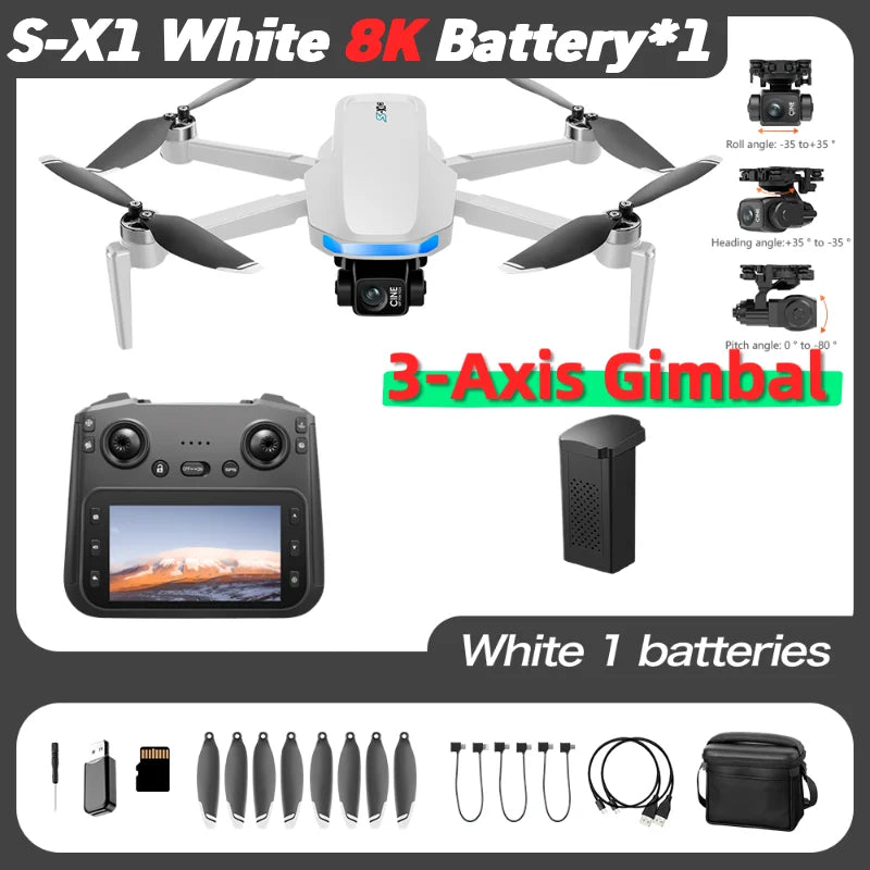 Lenovo S-X1 MAX GPS Drone 3-Axis Gimbal 8K Camera 5000m FPV Foldable Drone with LCD Remote Screen 3 Batteries Professional UAV