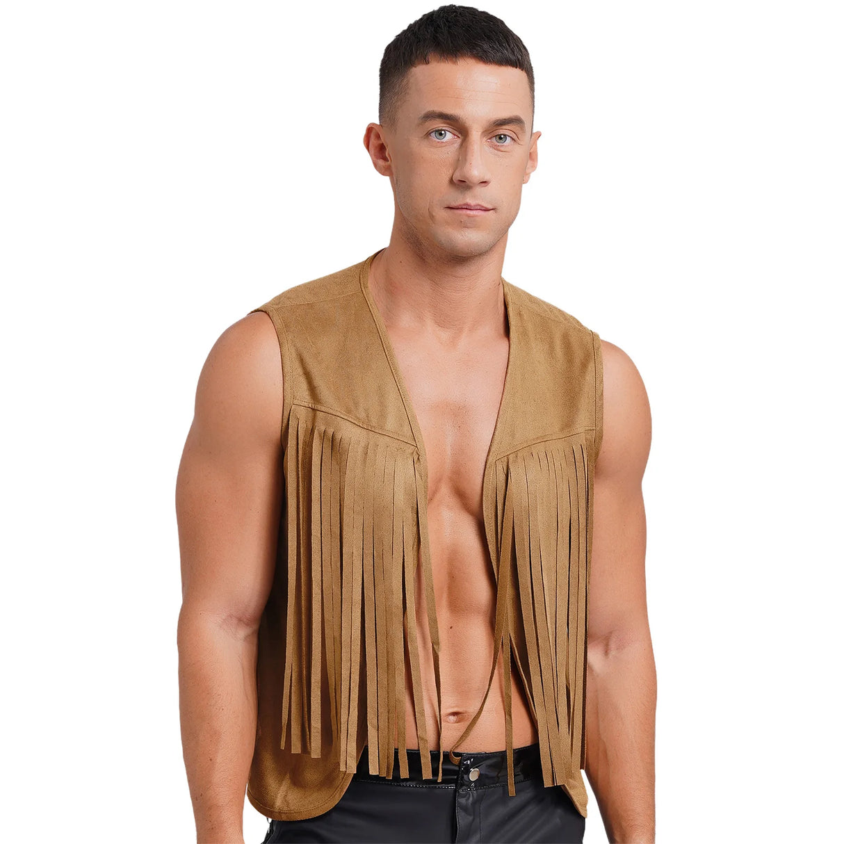 Mens Cowboy Costume Halloween Party Long Tassels 70s Hippie Cardigan Sleeveless Fringe Suede Jacket Waistcoat Vintage Vest Tops