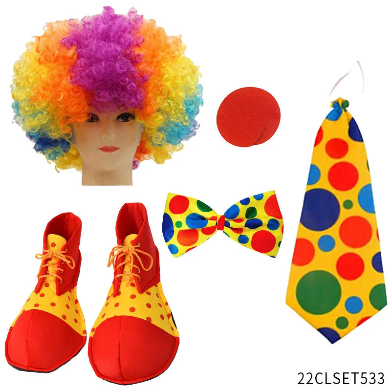 Clown Costume - Nose Wig Bow Tie Shoes Headband Gloves Hat Stockings and Vest Dress Up Cosplay Props Accessories