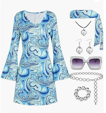 Disfraz 70s Women Disco Dress Hippie Costumes Necklace Earrings Glasses, 60's 70's Birthday Outfits, 1970s Prom Bling Dress