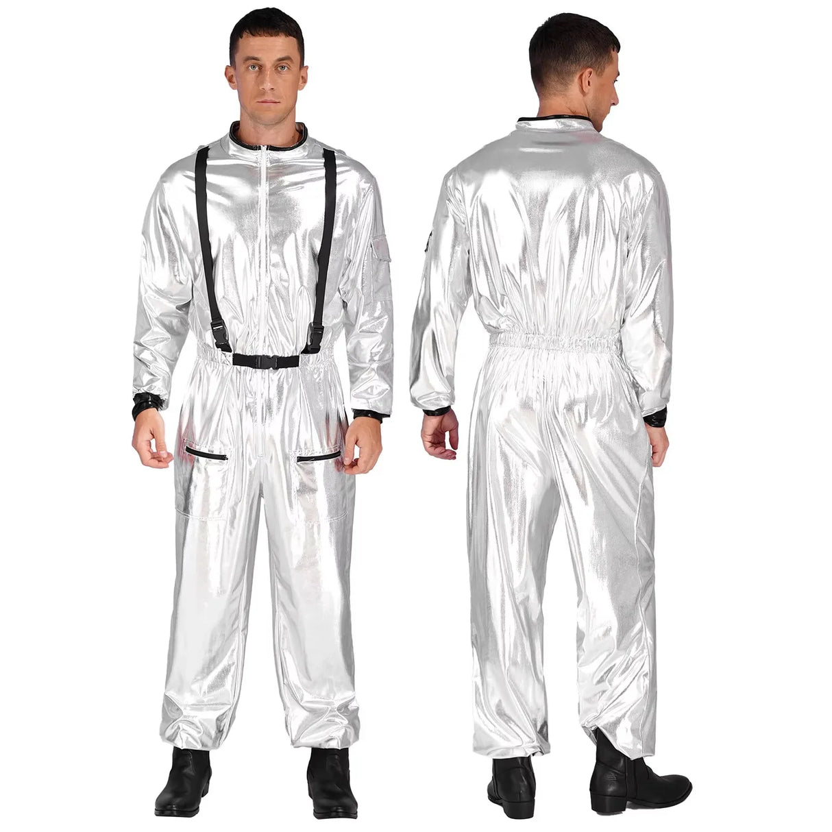 Men Women Halloween Space Astronaut Cosplay Costume Long Sleeve Metallic Shiny Zipper Jumpsuit for Carnival Theme Party Clubwear