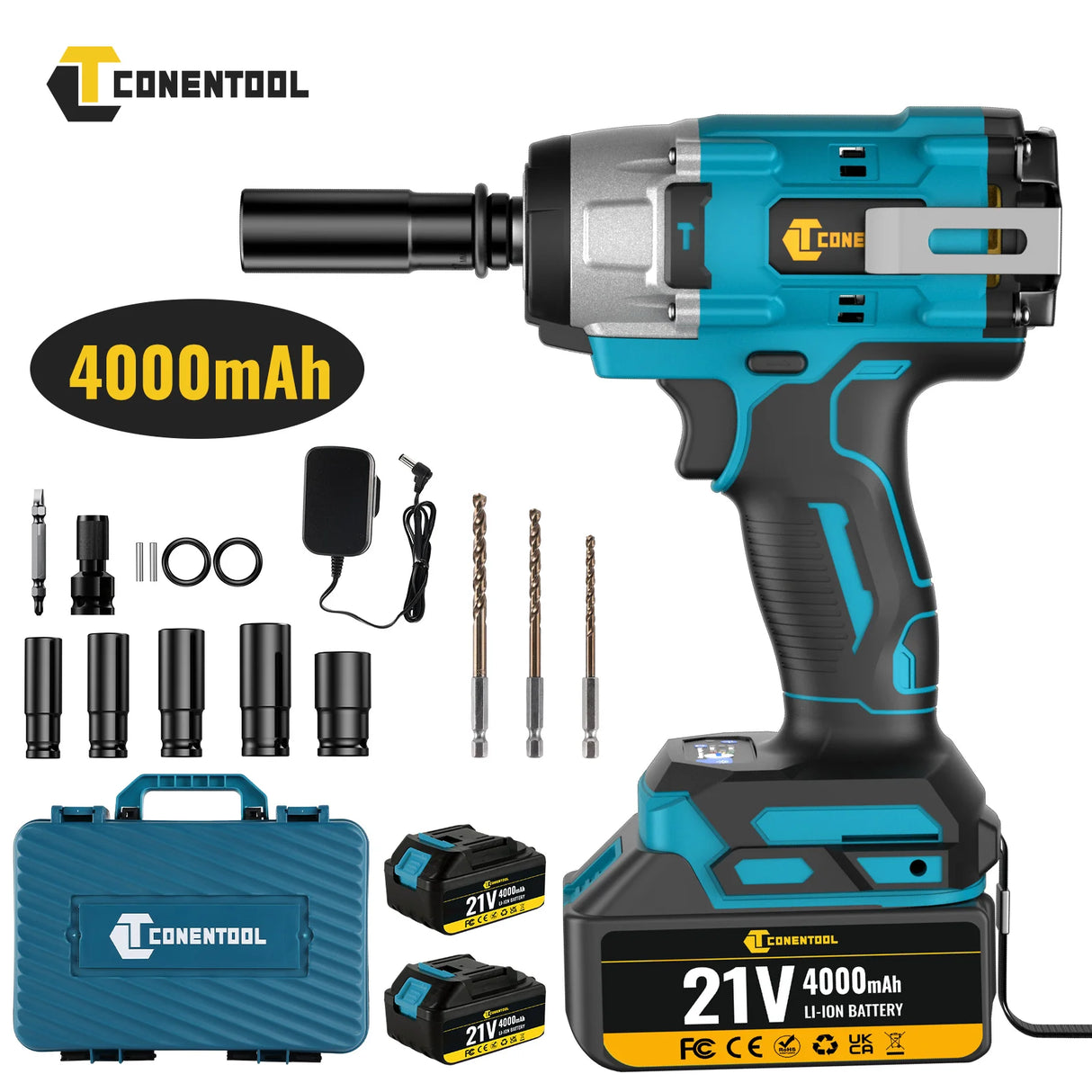 Conentool 21V Brushless Electric Impact Wrench 680N.m Cordless Electric Wrench Tool Kit Set with 2 Batteries and 14p Accessories