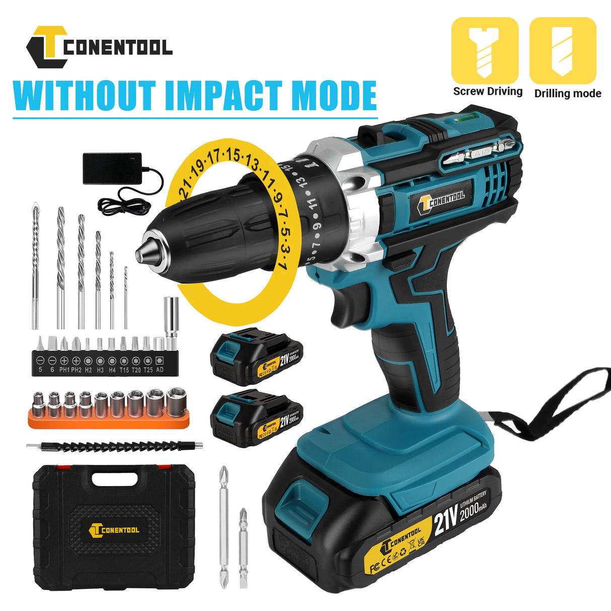 CONENTOOL 10MM 35+3 Torque 48N.m Impact Electric Drill Cordless Electric Screwdriver DIY Household Tool For Makita 21V 2 Battery
