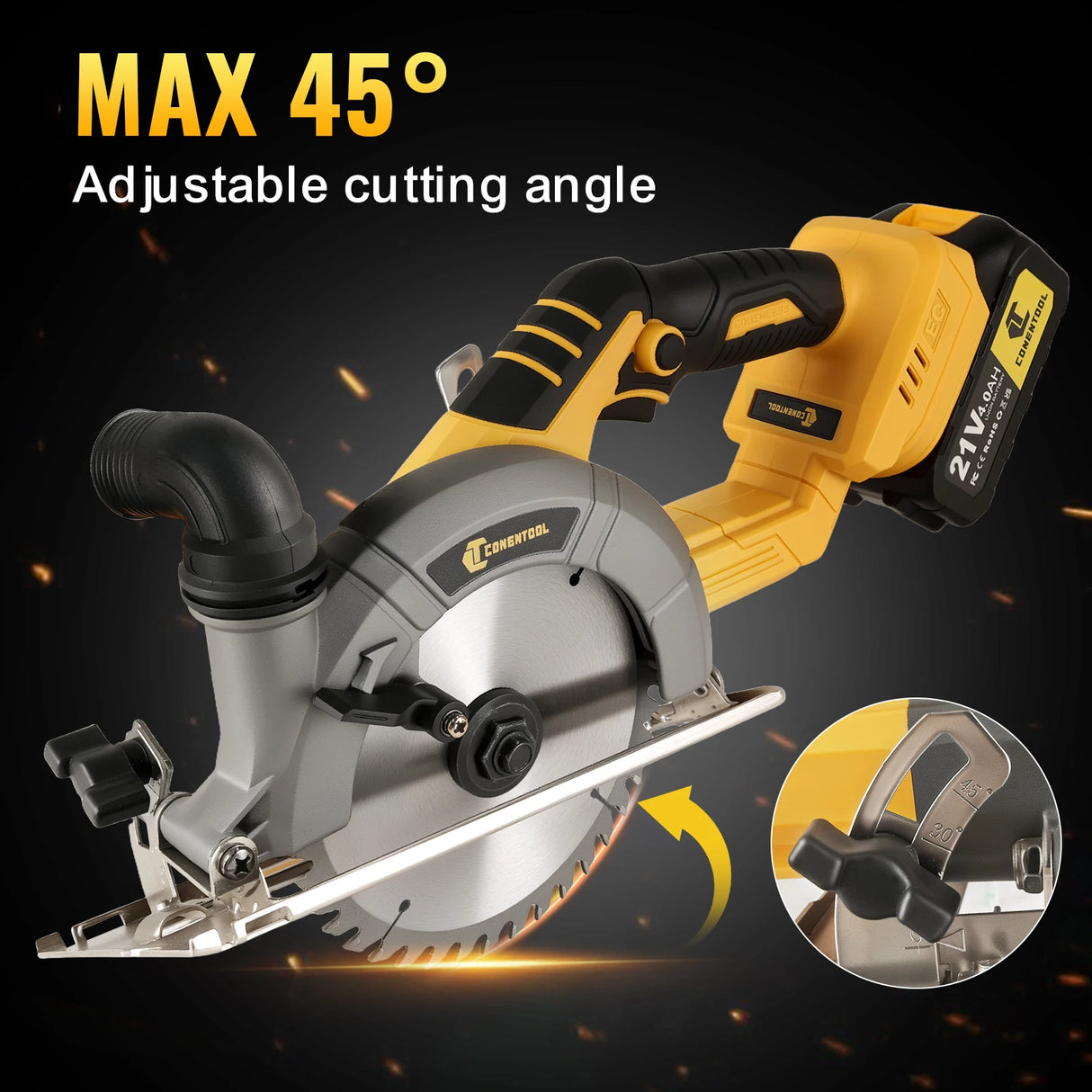 CONENTOOL 21V Batteries 1/2pcs Cordless Brushless Electric Circular Saw 165mm Blade 45° Oblique Cut 90° Cutting Tool for Makita