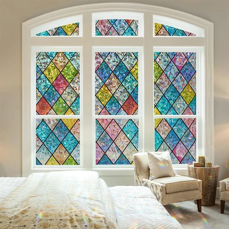 Window Film Rainbow Holographic Window Privacy Film Decorative UV Sun Blocking Static Cling Window Covering Film for Home