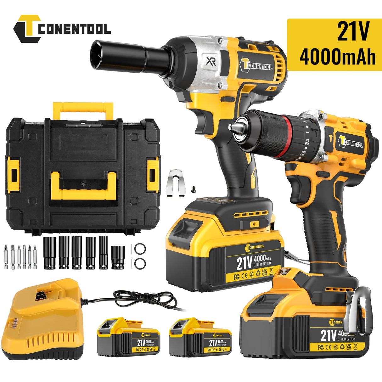 CONENTOOL Cordless 420Nm Impact Wrench + 55Nm Electric Screwdriver Brushless Electric Impact Gun 2*4000mAh Batteries and Charger