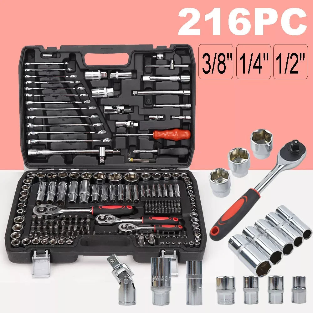 216PCS Professional Ratchet Wrench Socket Set 1/2" 1/4" 3/8" Wrench Repair Tool Home Repair Set with Black Box