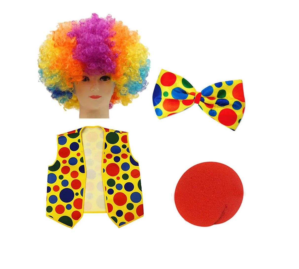 Clown Costume - Nose Wig Bow Tie Shoes Headband Gloves Hat Stockings and Vest Dress Up Cosplay Props Accessories