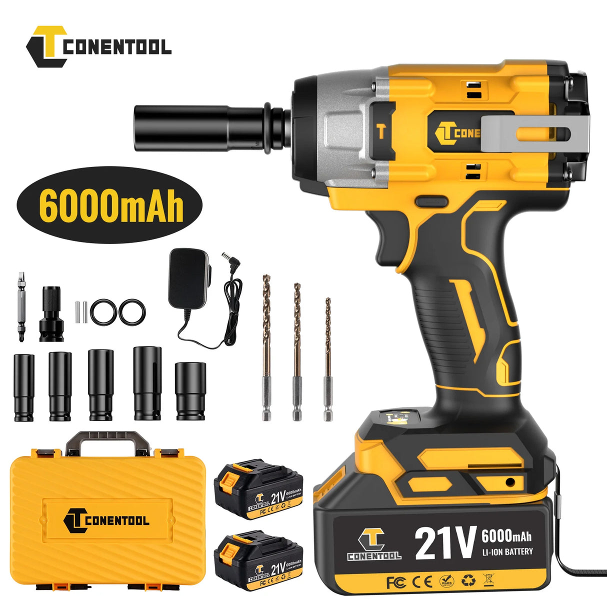 Conentool 21V Brushless Electric Impact Wrench 680N.m Cordless Electric Wrench Tool Kit Set with 2 Batteries and 14p Accessories