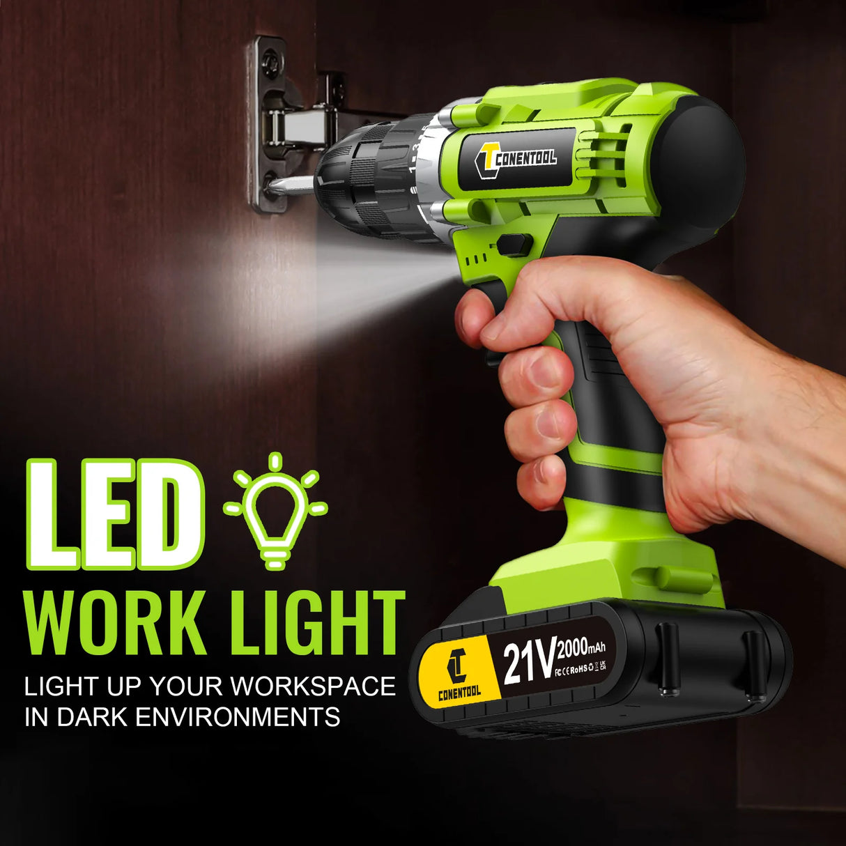 Conentool Electric Screwdriver 21V Rechargeable Battery Cordless Drill Driver LED Work Light Electric Drill 45N.M 25 Torque Set