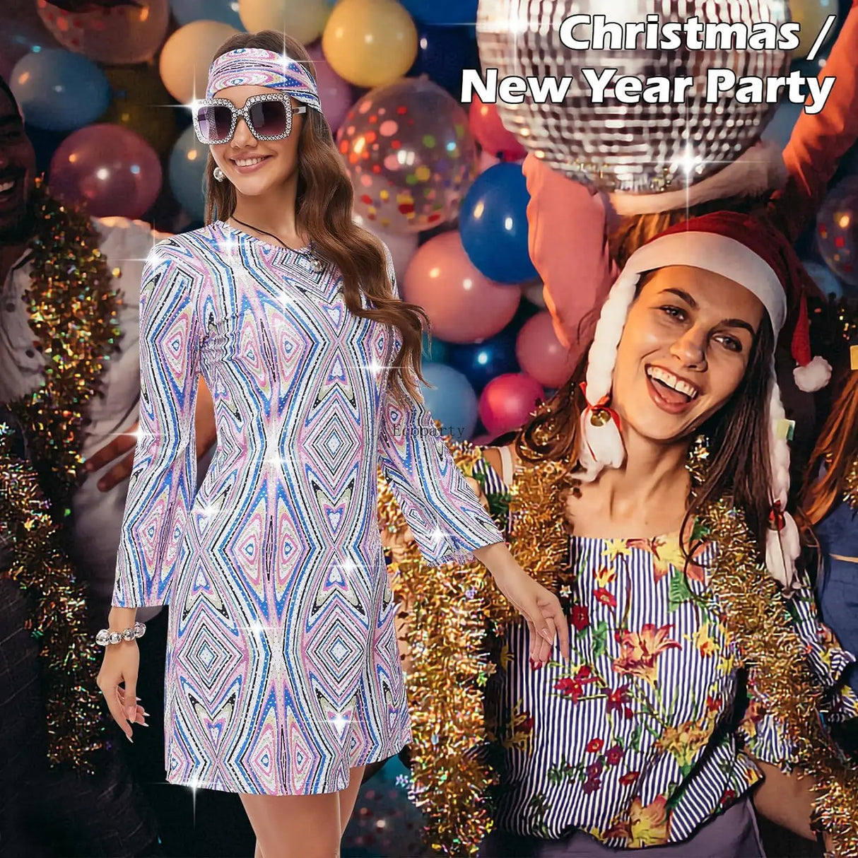 Disfraz 70s Women Disco Dress Hippie Costumes Necklace Earrings Glasses, 60's 70's Birthday Outfits, 1970s Prom Bling Dress