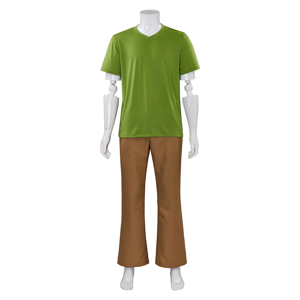 Adult Men Shaggy Cosplay Costume Green V-Neck Short-Sleeve Shirt and Brown Pants Suit Halloween Outfit