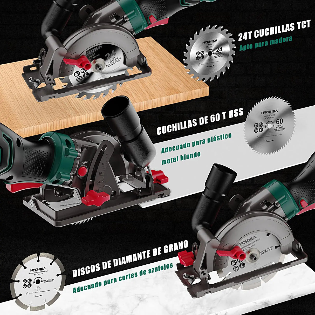 HYCHIKA 750W Circular Saw with 3 Saw Blades 48mm Cutting Depth Power Tools for Cutting Wood Soft Metal Tiles and Plastic