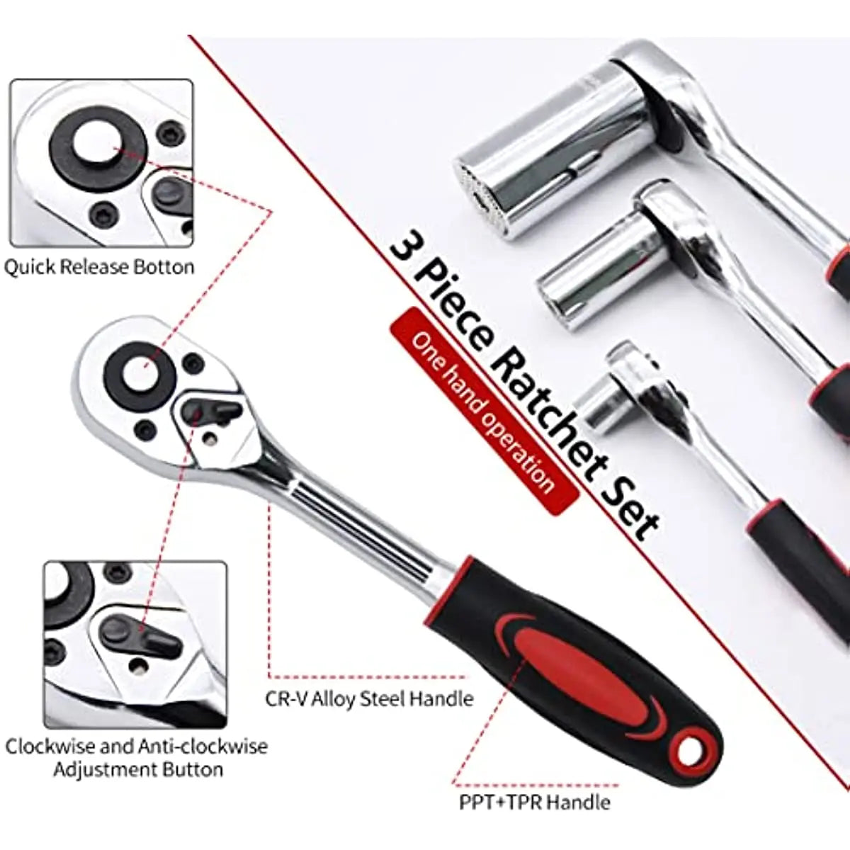 Drive Ratchet Handle, Professional Heavy Duty Ratchet Set, Quick-release Reversible, Premium Chrome Vanadium Steel Construction