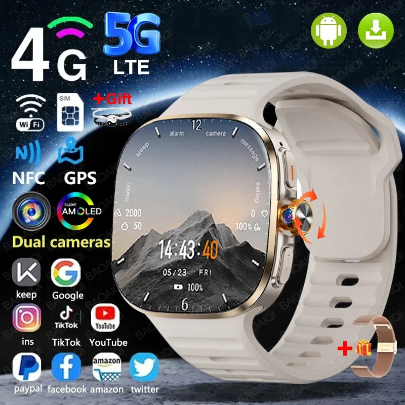 New Large Screen Smartwatch 4G/5G Android 10.0 AMOLED 2.4 inch 900W Pull-out Swivel Camera WIFI GPS Smart watch 16GB+256GB RAM