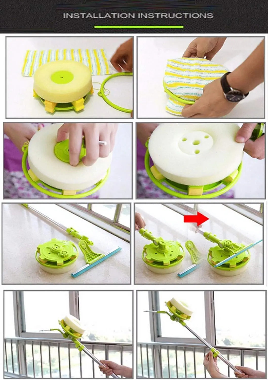 DayPlus Mulpurpose 2 in 1 Window Cleaning Tool-U Shaped Telescopic High Rise Window Cleaner, Adjustable Sponge Head&Squeegees