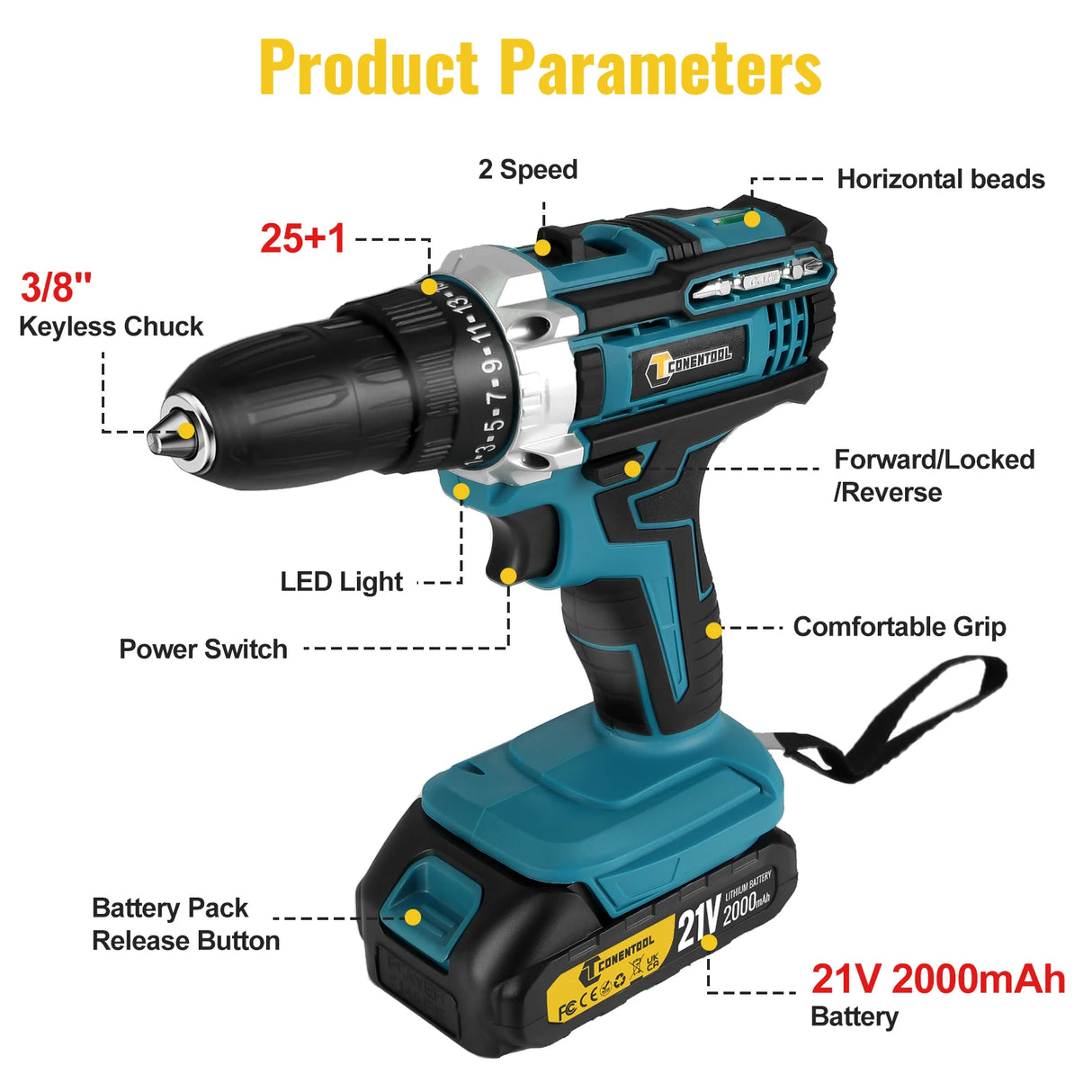 Conentool 45N.m 21V Cordless Drill Combi Set 25+1 Torque Electric Screwdriver Impact Drill Driver 2x 2.0Ah Battery for Home, DIY
