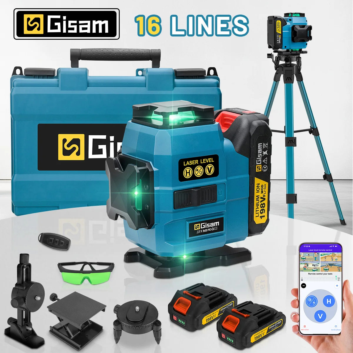 Gisam 16 Lines Laser Level Tripod Green Line SelfLeveling 360 Horizontal & Vertical Remote Control For makita 18v battery pins